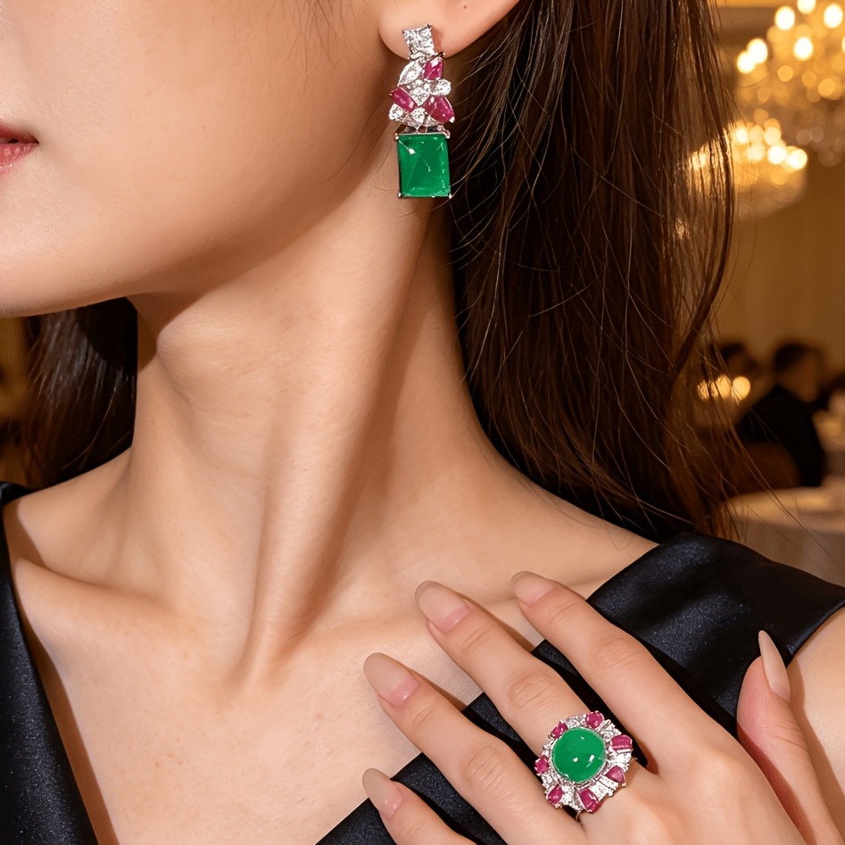 Luxurious Adjustable Ring & Princess Earrings Set, Green & Red Cubic Zirconia