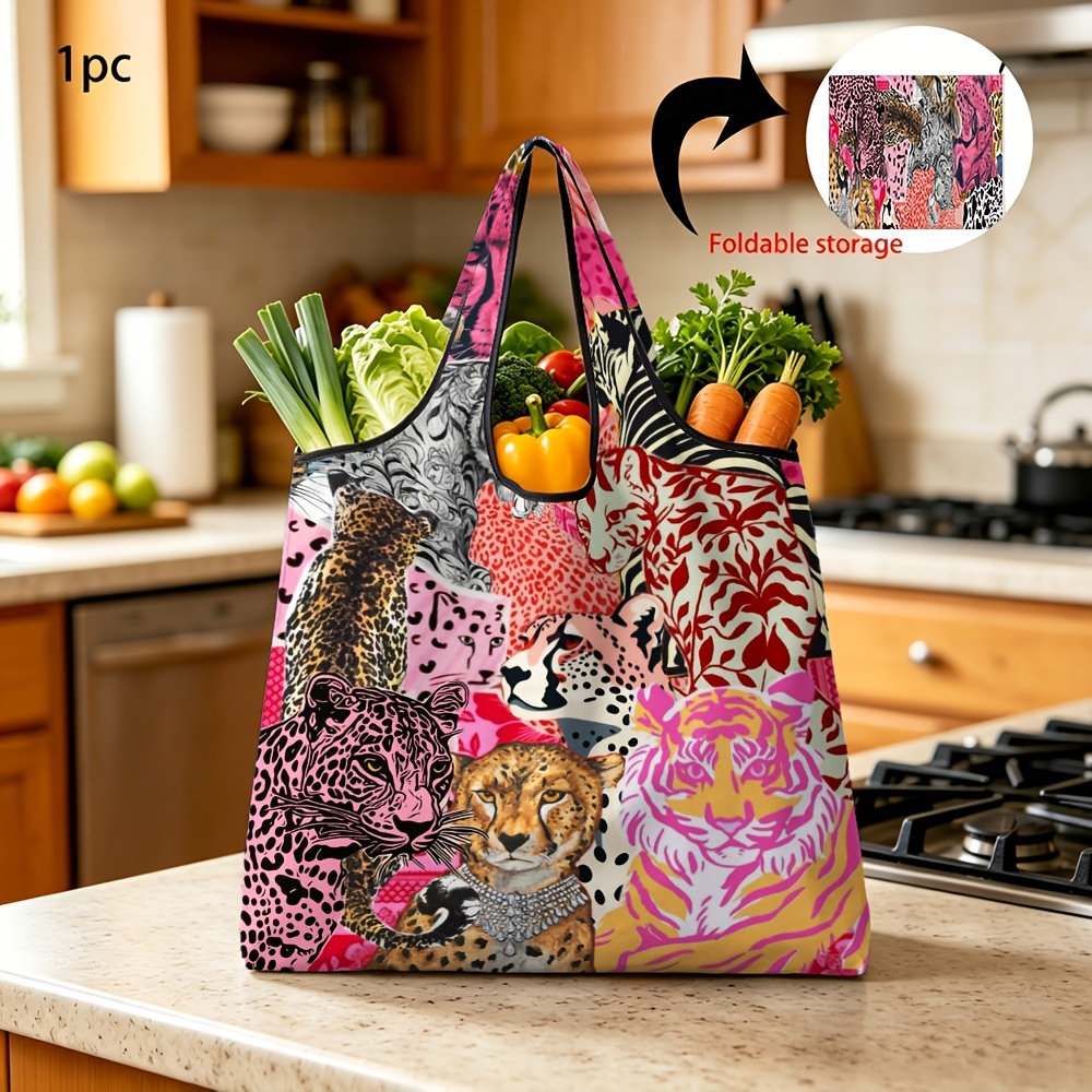 TEMU 1pc Reusable Grocery Bag With Stylish Mixed Tiger Leopard Animal Print Foldable Portable Large Daily Shopping Tote Bag