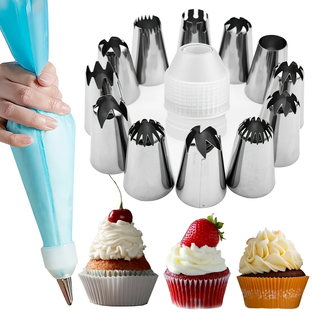 Image of 14pcs Large Piping Tips Set, Stainless Steel Frosting Tips With Reusable Pastry Bag, Cake Decorating Tips Set For Diy Pastry Dough, Cookie, Cupcake, Cake