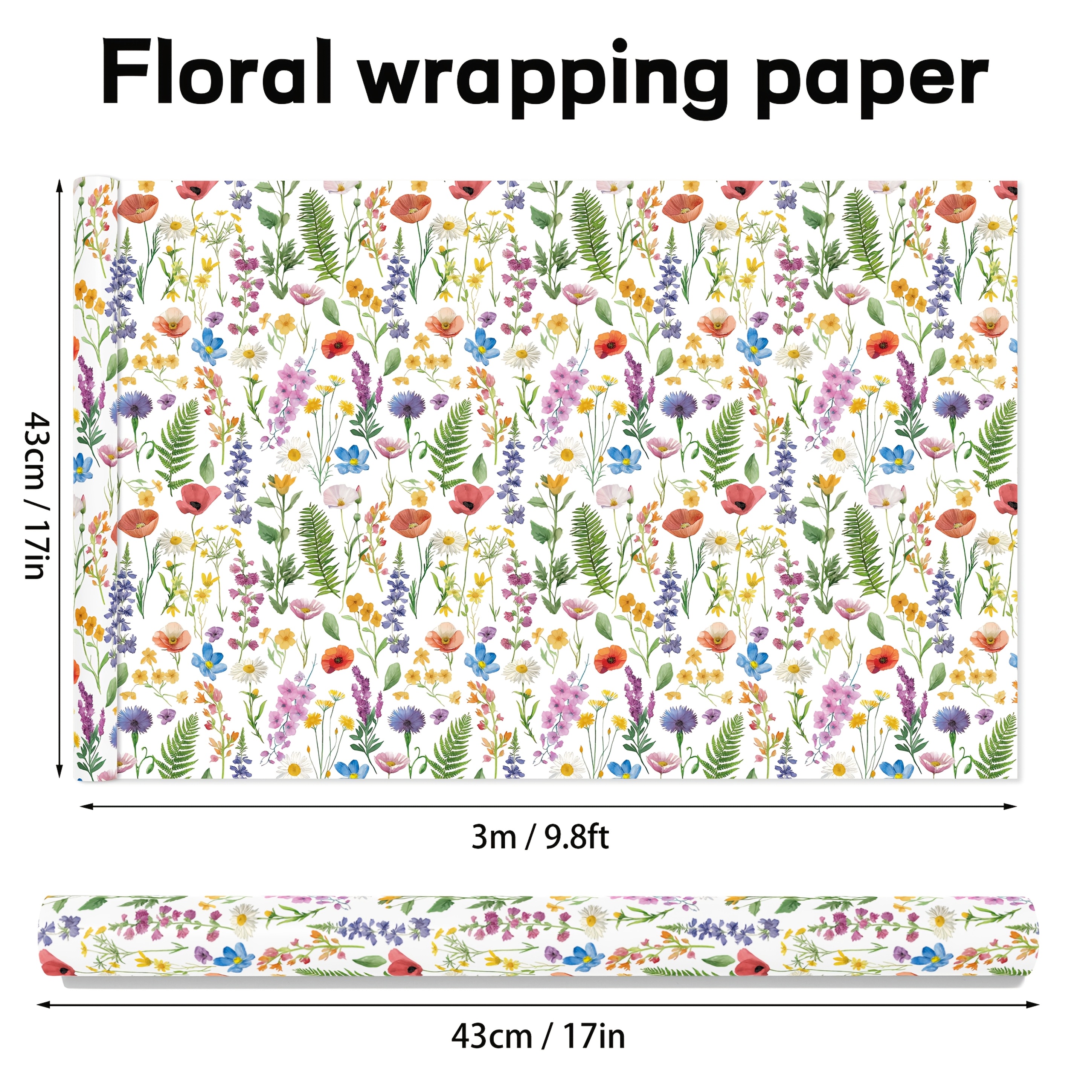 Image of Floral Wrapping Paper Roll -17 Inch X 9.8 Feet - Spring Summer Garden Perfect For Wedding, Bridal Shower, Birthday, Baby Shower, Christmas