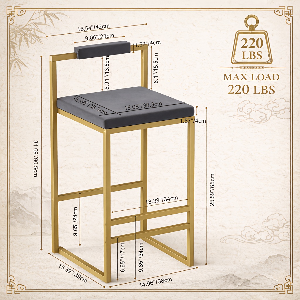 Set Of 2 Modern Oriental Style Bar Stools, Velvet Upholstered Counter Height Chairs with Backrest & Footrest, Golden Metal Frame Kitchen Island Dining Stools, Multi-Color & Multi-Finish New Asian Aesthetic