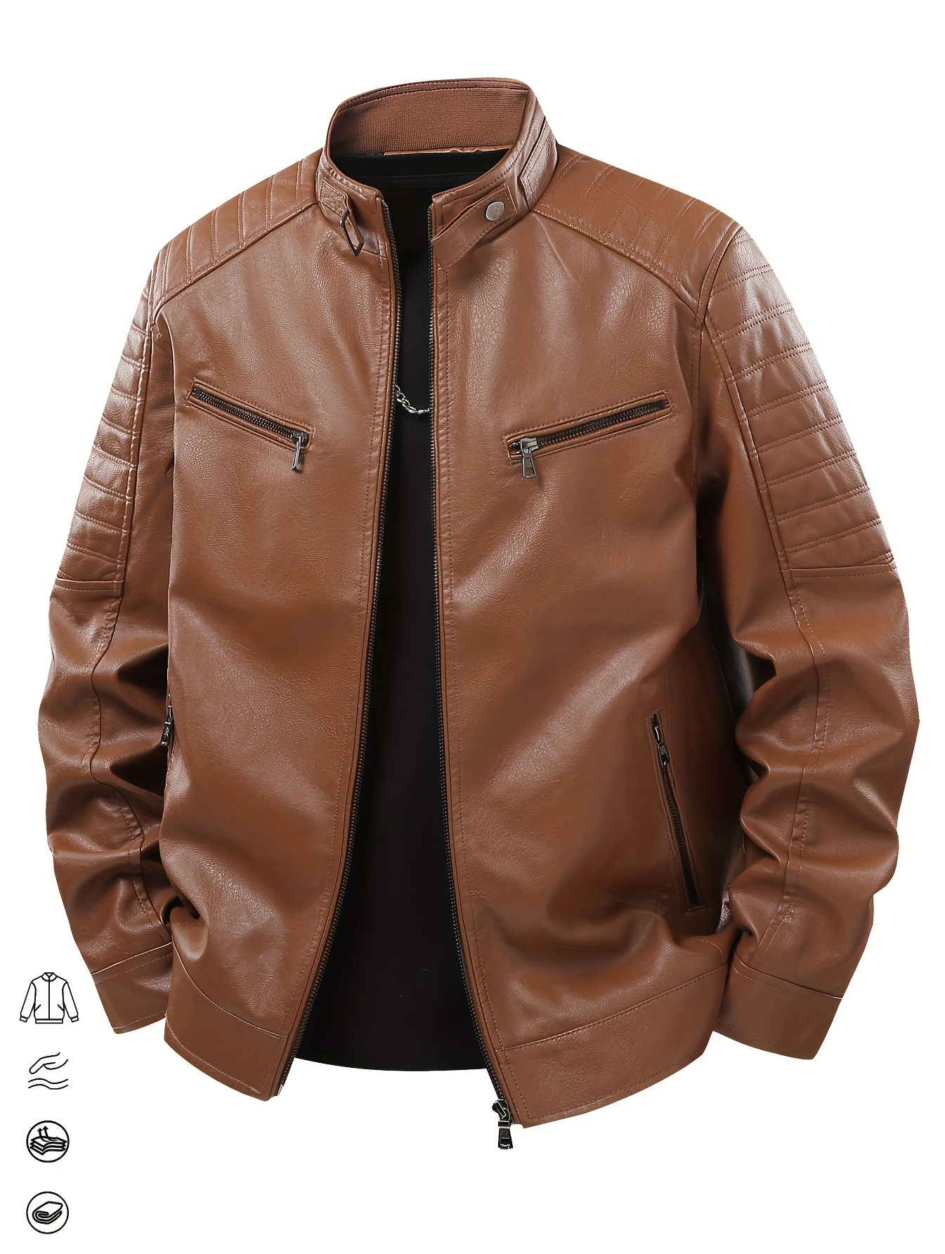 mens   jacket motorcycle inspired stand collar design full of dna   is sleek and instantly elevates your posture the material has natural texture and a   wear resistant and durable three dimensional embossed on the shoulders arm stitching and reinforced strength     you feel like a walking hormone features multiple zipper pockets practical and trendy   in   red suitable for   casual and street styles 0