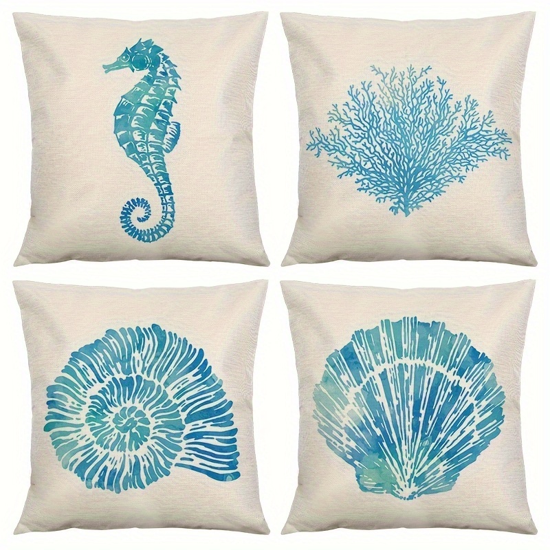 TEMU Set copricuscini con motivi marini per il soggiorno, la casa, e la camera da letto in lino. 4 pezzi da 45x45 cm (18x18 pollici)