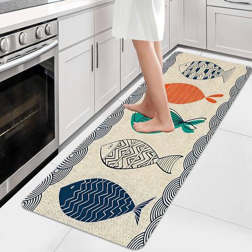 geometric abstract fish pattern non slip flannel kitchen mat soft and comfortable machine washable kitchen carpet suitable for bedroom bedside living room laundry room office hallway entrance and yoga mat use a new decor rug
