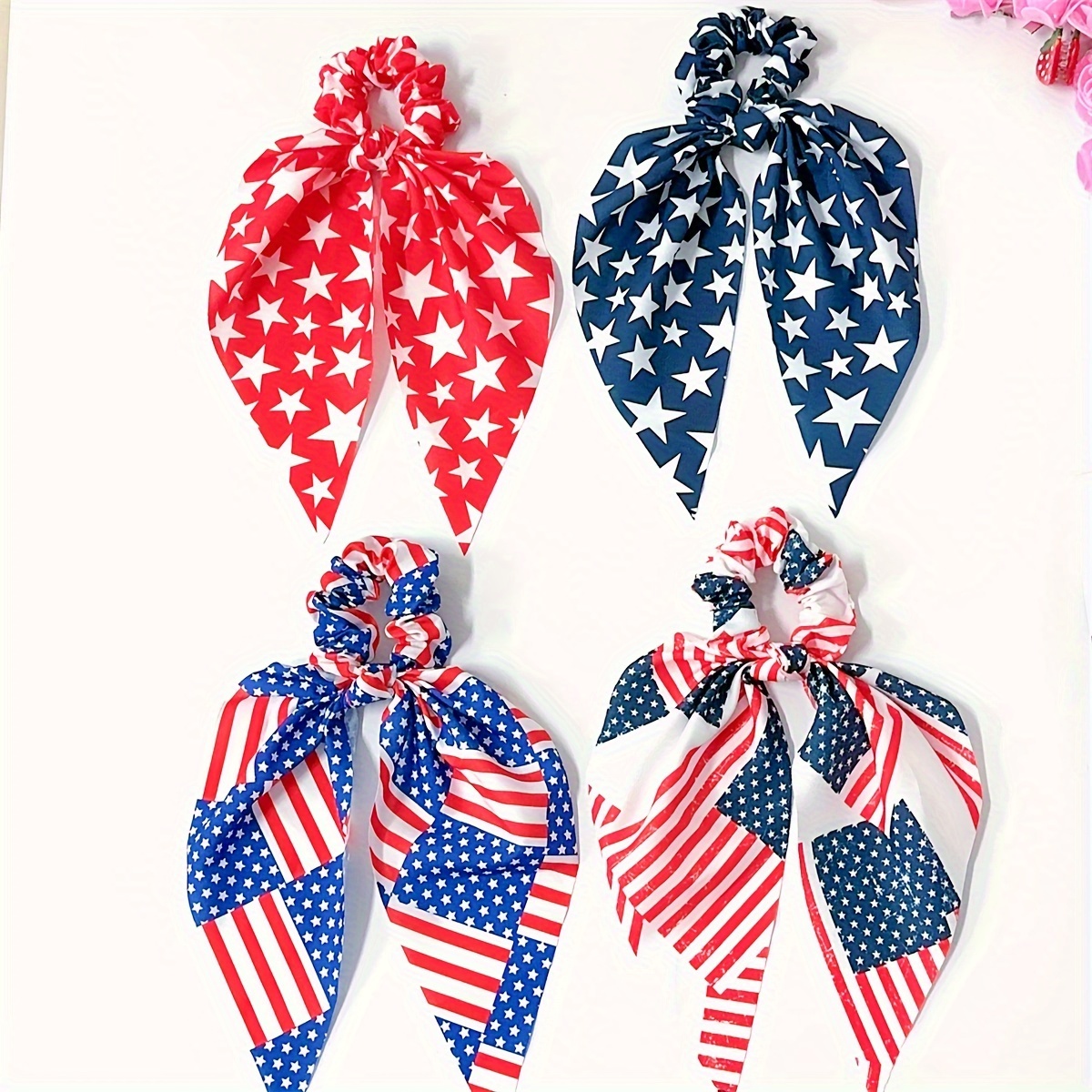 

4-piece Patriotic Hair Tie Set - American Flag Bowknot Scrunchies For Women & Girls, Elegant Independence Day Ponytail Holders Bow Hair Tie Bow Hair Tie For Women