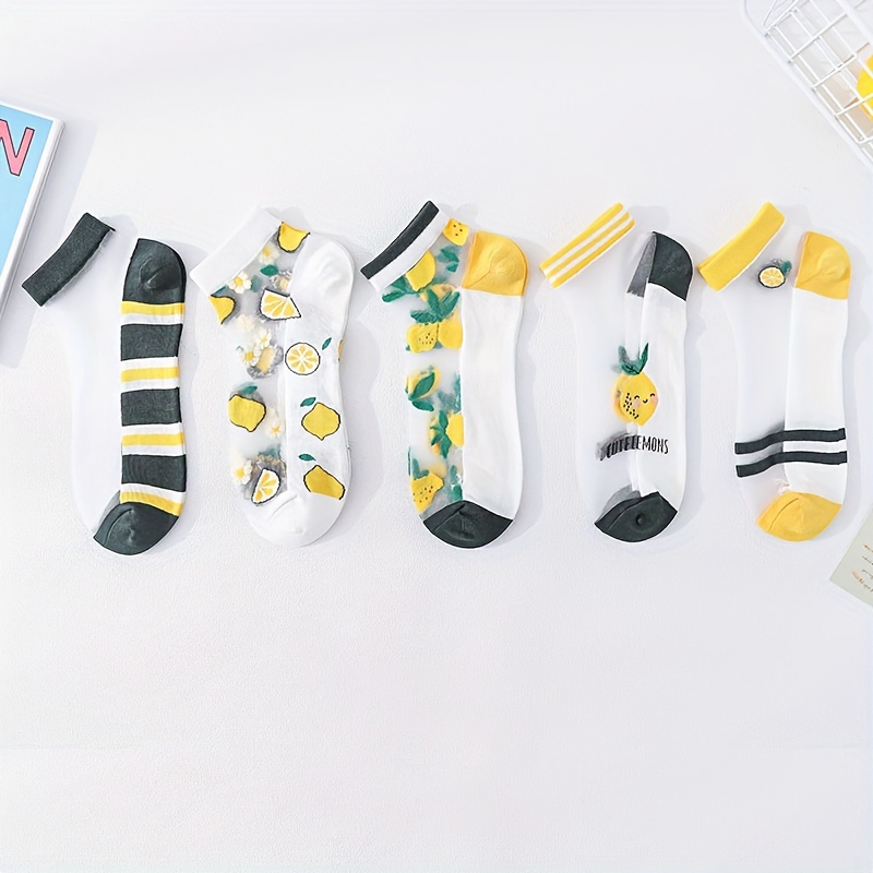 

5 Pairs Cute Lemon Socks, Simple & Breathable Ice Silk Short Socks, Women's Stockings & Hosiery