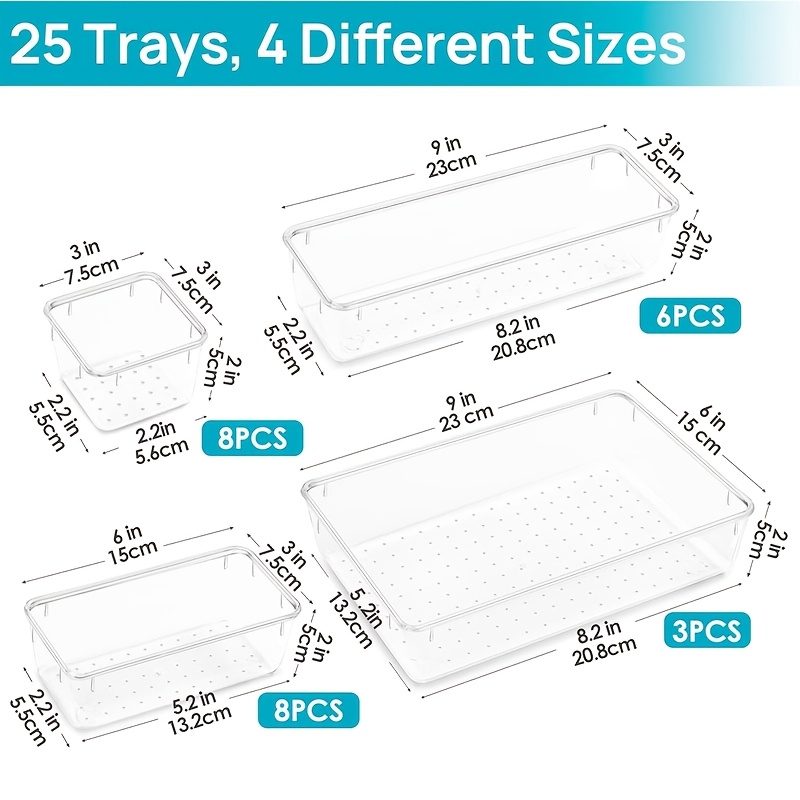 Image of 25pcs Transparent Plastic Drawer Organizer Set, 4 Sizes Multi-functional Bathroom And Vanity Drawer Storage Trays For Cosmetics, Bedroom, Kitchen Utensils, Cutlery, And Office Storage Boxes