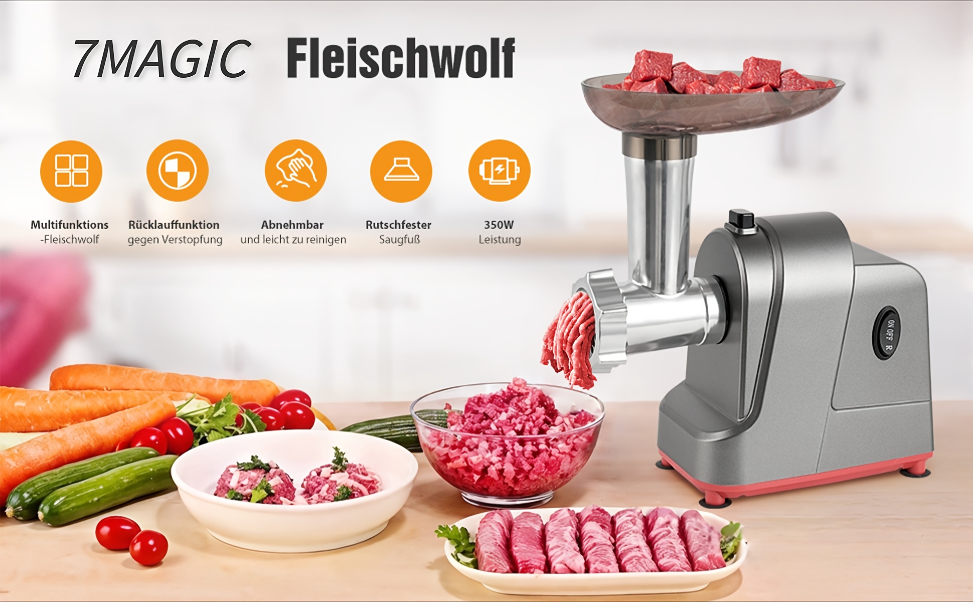 Mașină electrică de tocat carne 3-în-1, tocător de carne cu accesorii pentru cârnați și chiftele - Motor de 350W din cupru pur 100%, 3 plăci din oțel inoxidabil (4/6/15mm), asamblare cu un singur buton, comutator de inversare, bază antiderapantă pentru bucătăria de acasă și cadou de Crăciun