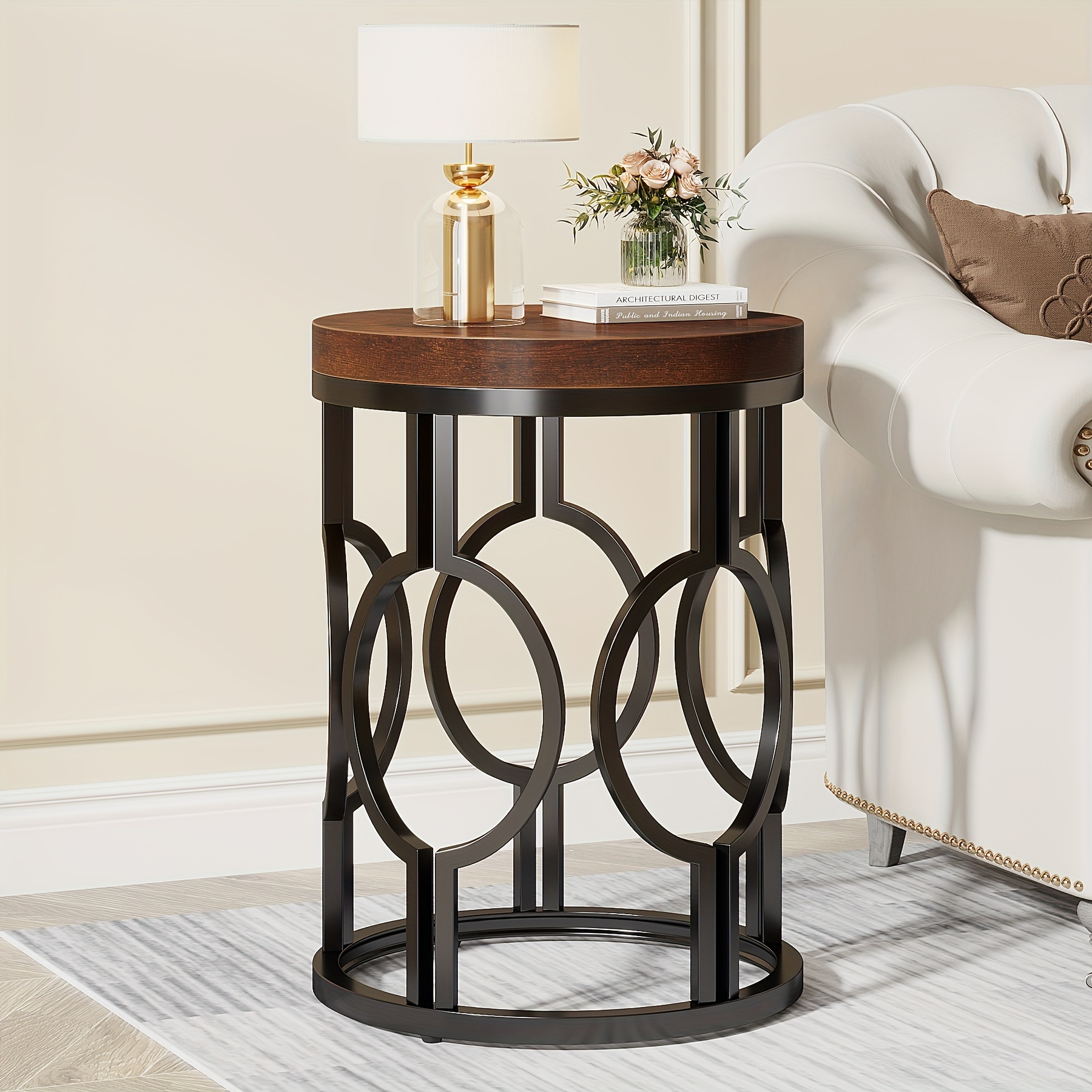 

Little Tree Round Side Table, Small End Table, Industrial Accent Bedside Table Couch Table With Metal Frame For Living Room, Bedroom For Restaurant