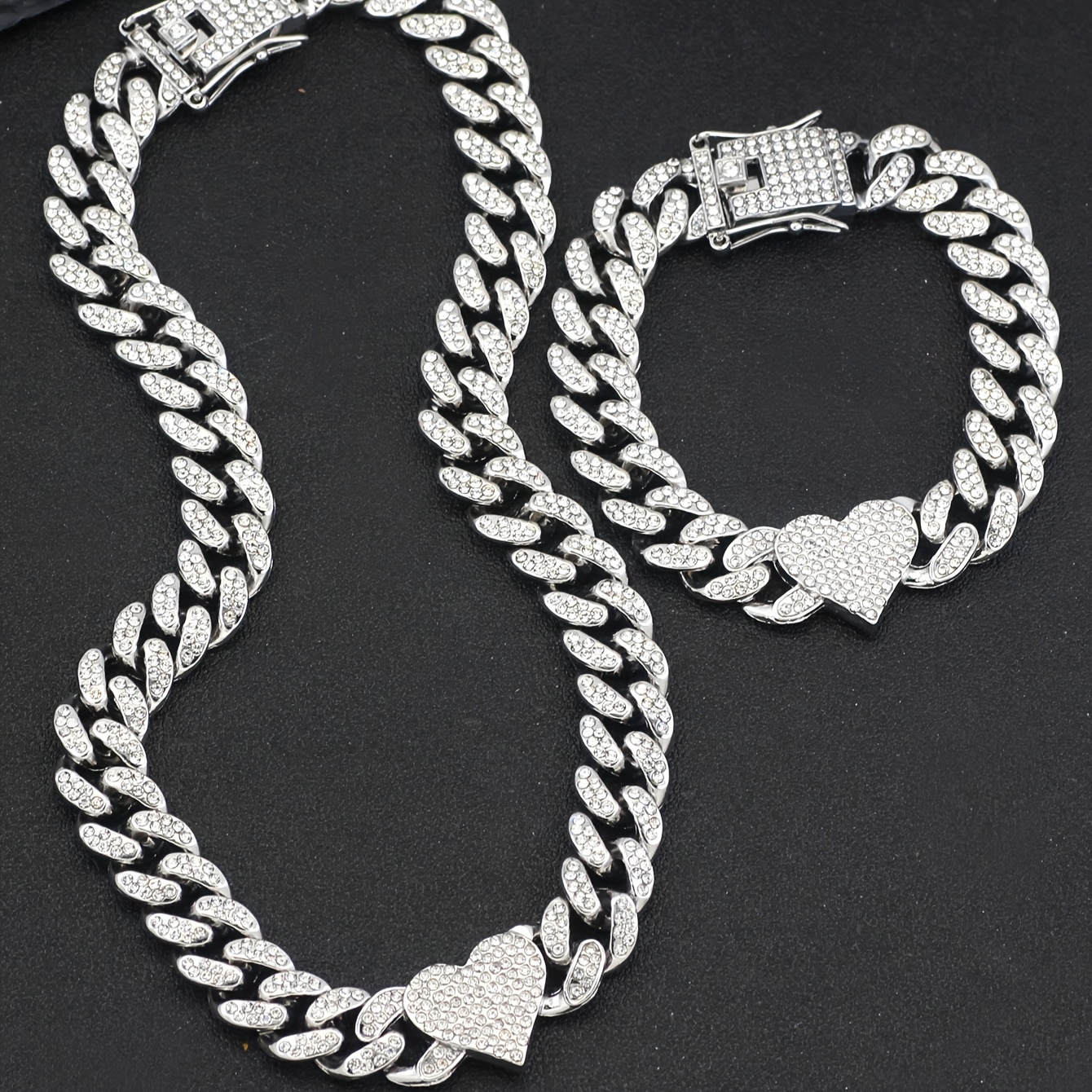 

2 Piece Set With Ice Cuban Chain Miami Necklace Men And Women Hip Hop Bracelet Choker Necklace Set Jewelry Gift