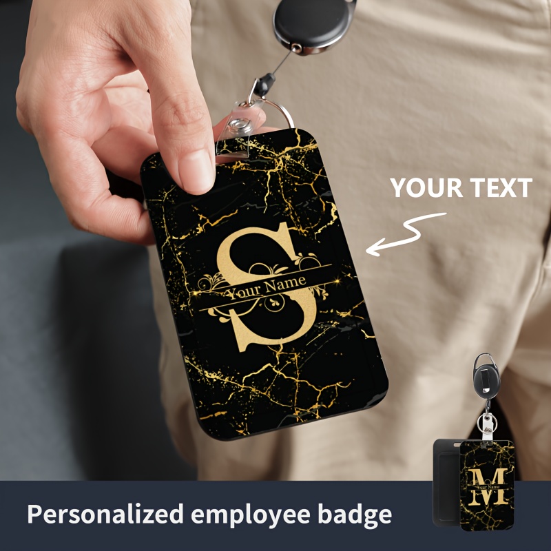 

Personalized Custom Black Golden Letter Name Text Badge Holder - Diy Id Name Tag Holder With Transparent Lanyard, Retractable Badge Reel And Safety Clip, Suitable For Office, Events And Meetings