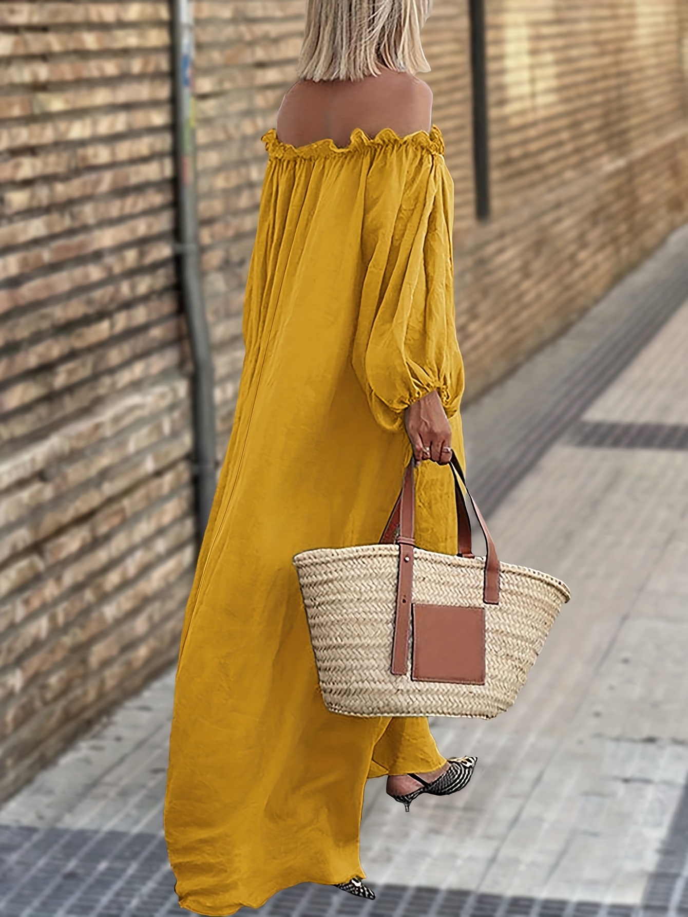 Mustard Yellow Casual Yellow Maxi Dress Women's Elegant Off-the