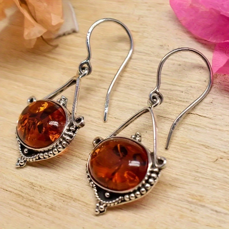 

Amber Stone Pendant Earrings, Vintage Bohemian Style, Zinc Alloy Golden Fashionable Dangling Earrings, Anniversary And Birthday Gifts, Parties, And Evening Accessories