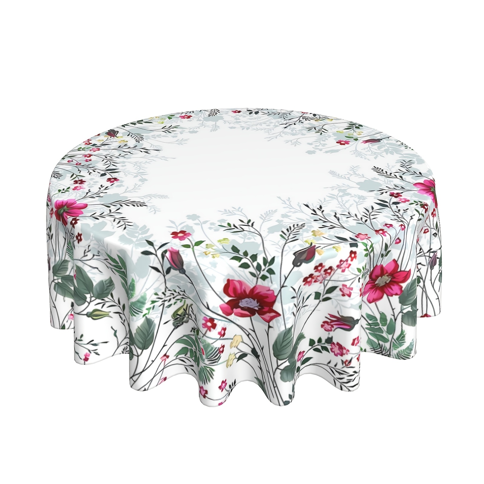 Round Polyester Tablecloth | Watercolor With Pink, Red & Green Flowers | Machine, Washable | Ideal For Kitchen, Dining Room, Picnic & Patio Parties, Outdoor Table Cloth