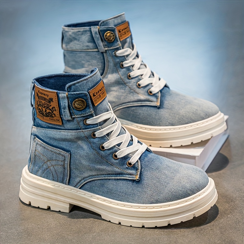 

1pr High-top Denim Ankle Boots - Solid Color, Casual Sports Style, , Lace-up, Fabric Upper, Pvc Sole, Round Toe, For Men And Women