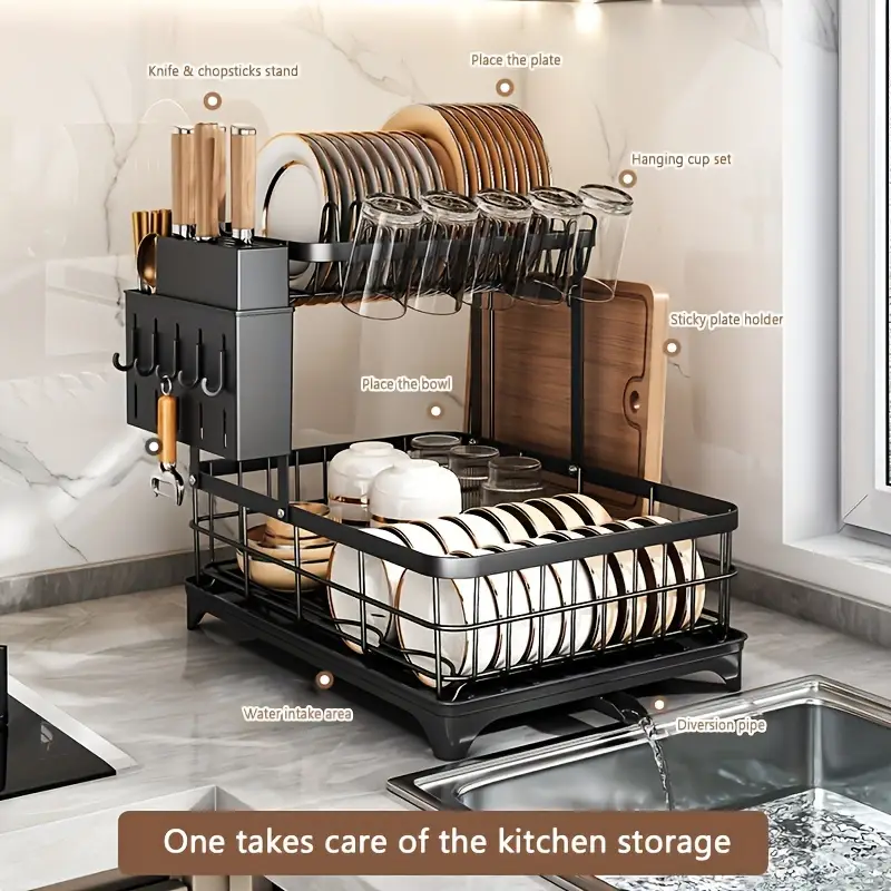 1 tier space saving kitchen dish drying rack with removable utensil holder cup holder large capacity drying rack with for kitchen sink counter Product details 3