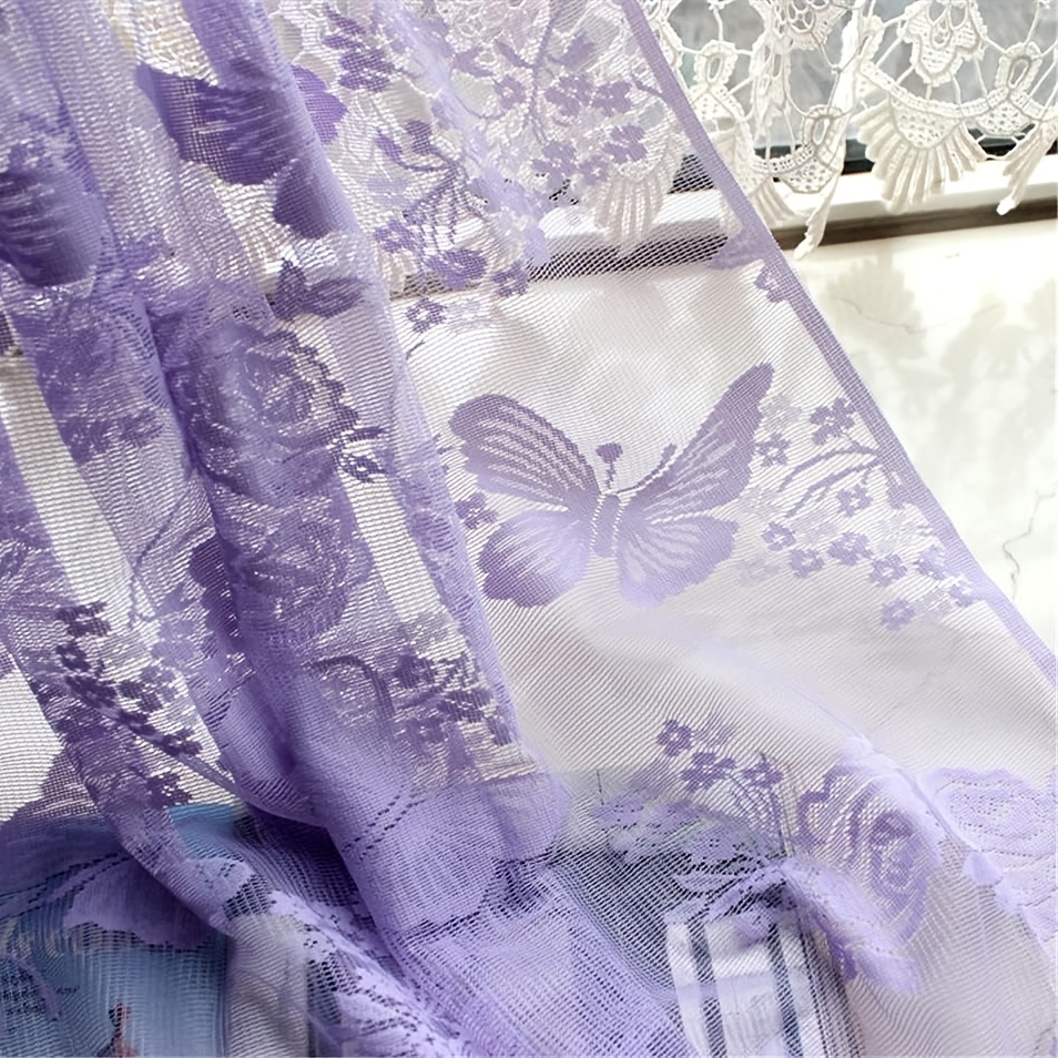 1pc white blue purple butterfly flower plant pattern valance sheer curtain tulle short valance curtains for kitchen cafe   tassel half curtain bedroom rod pocket curtain head for bedroom living room home decor details 9