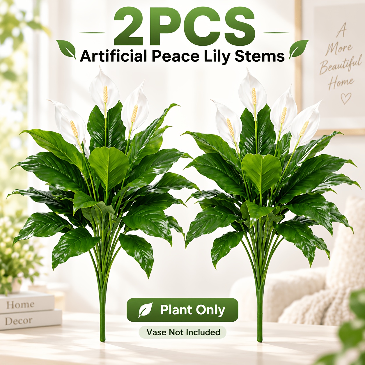 TEMU 2pcs Artificial Peace Lily Potted Plants, Faux With White And Green Leaves, Maintenance-free Indoor Outdoor Decorative Greenery For Home, Living