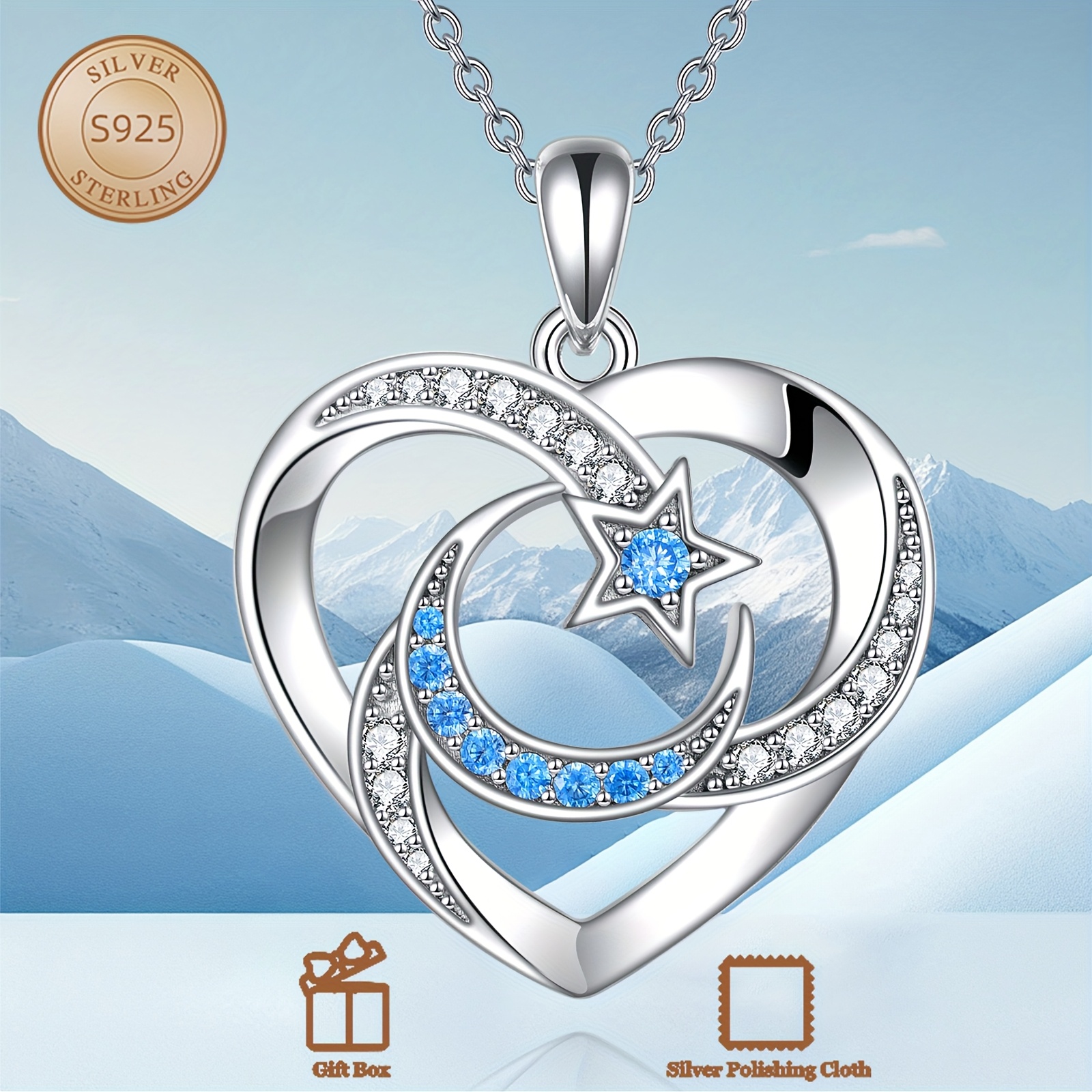 Image of Moon Star Necklace Heart Necklace 925 Sterling Silvery S925 Cubic Zirconial Jewelry For Women Mother Sister Friend