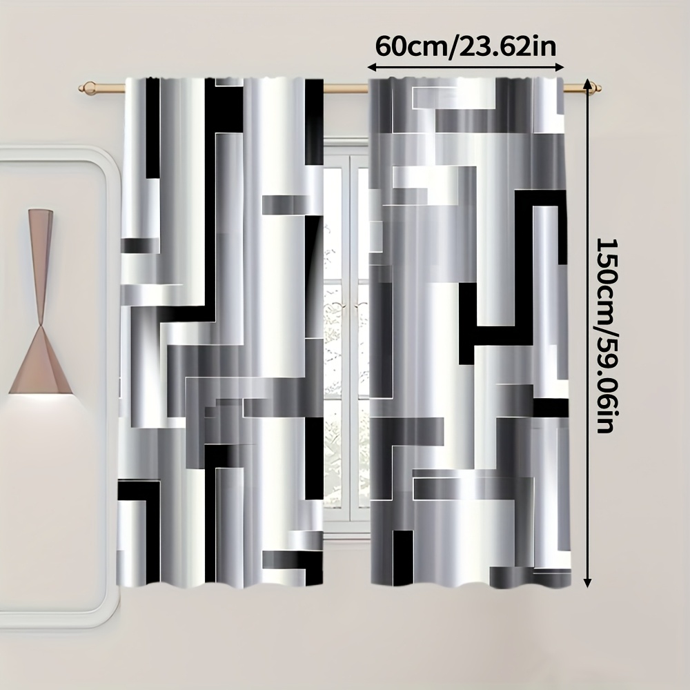 TEMU 2pcs Modern Geometric Pattern Curtains, Polyester (rod Not Included), Elegant Black, White, And Gray Rooms, Bedrooms, Offices, Study Areas, And