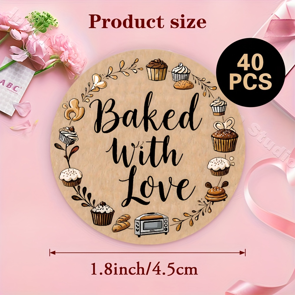 TEMU 40pcs Round Stickers With Illustrations Of Various Baked Goods On A Light Brown Background And "" Are Perfect For Handmade Packaging Stickers,