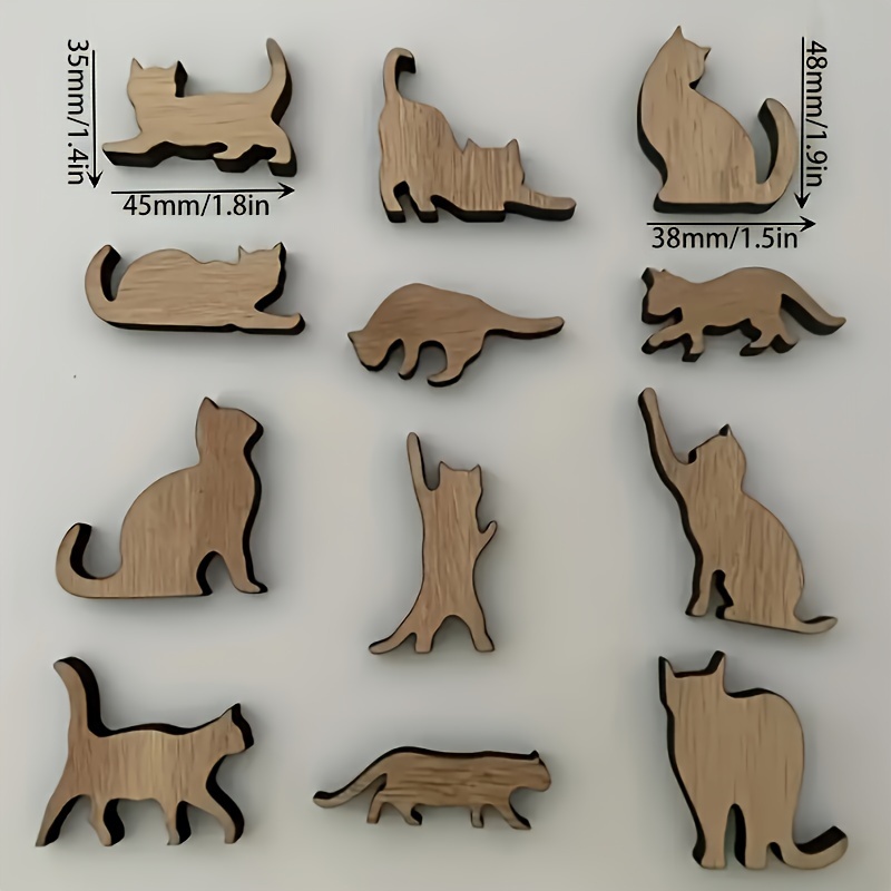 Image of Set Of 12 Mini Wooden Cat Shapes Ranging From 35-48mm (1.4-1.9 Inches) - Ideal For Miniature Projects, For Home Decoration, Gardening, Painting, Signage, And Embellishing