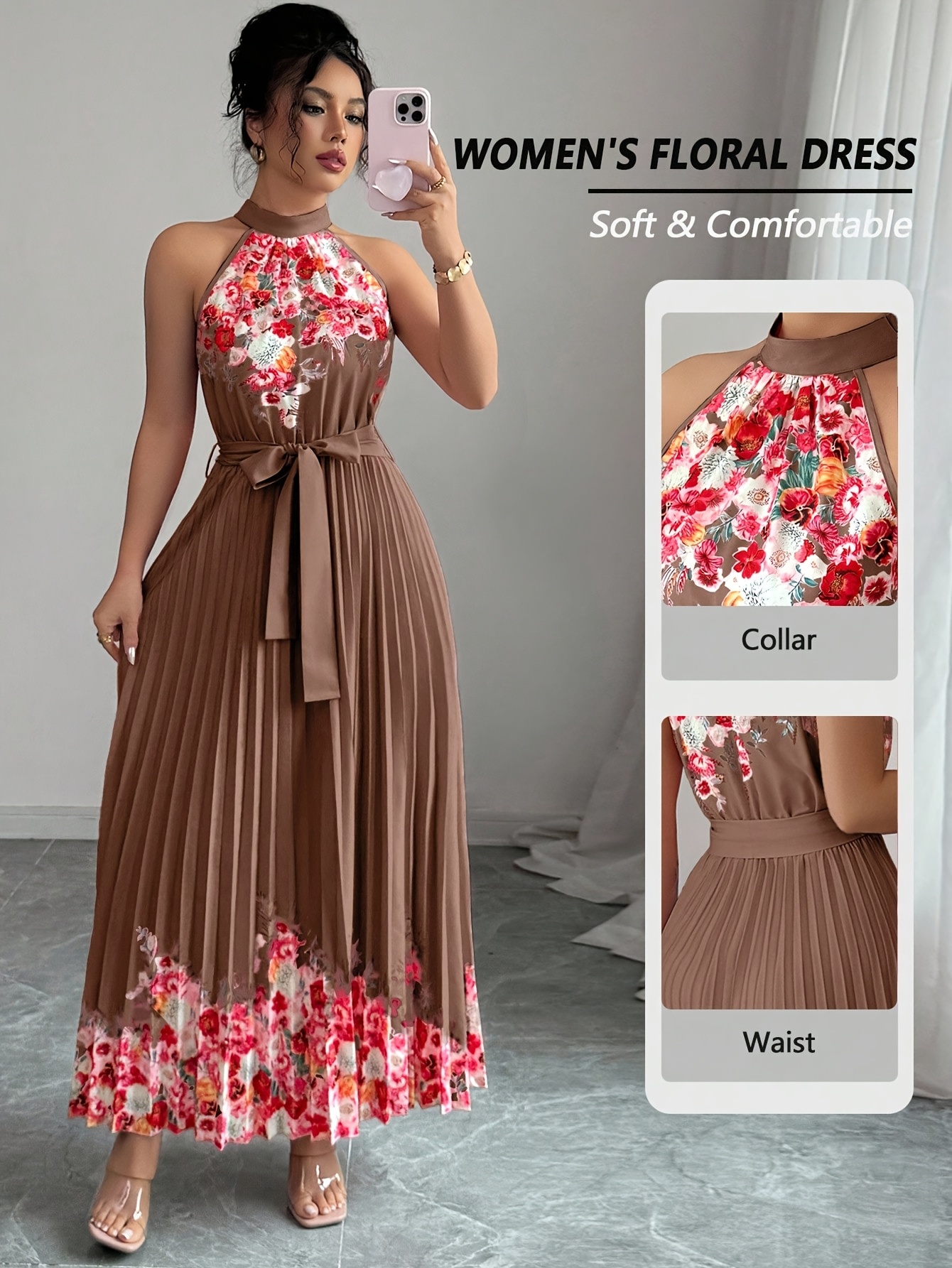 Fashionable New Women'S Summer Halter Floral Print Pleated Dress