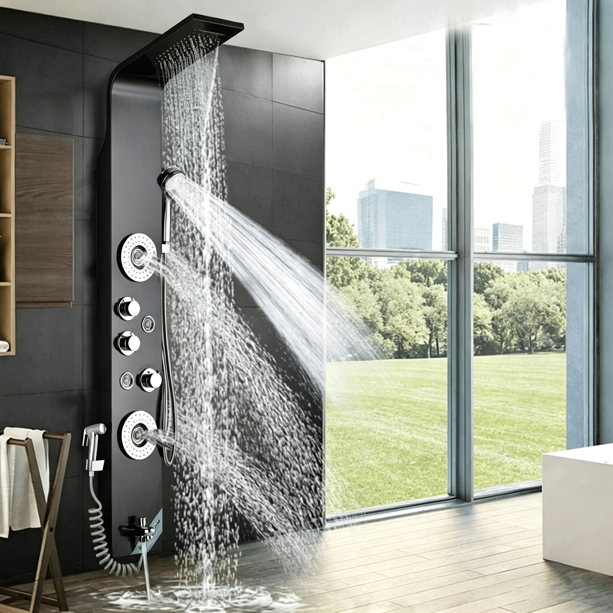 Shower Panel Black, Stainless Steel Shower Tower System With Waterfall Shower Head, Massage Spray, Handheld Shower, Tub Spout