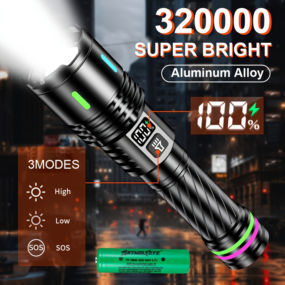 TEMU 1pc Rechargeable Flashlights High Aluminum Flashlights Ultrapowerful Torch Lights With 3 Lighting  Rechargeable Flashlights Digital Display