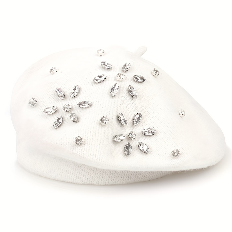 TEMU 1pc Autumn/winter Rhinestone Flower-shaped Elegant And Fashionable Women's Beret, Solid Color, Multiple Colors Available, Suitable For Daily Use