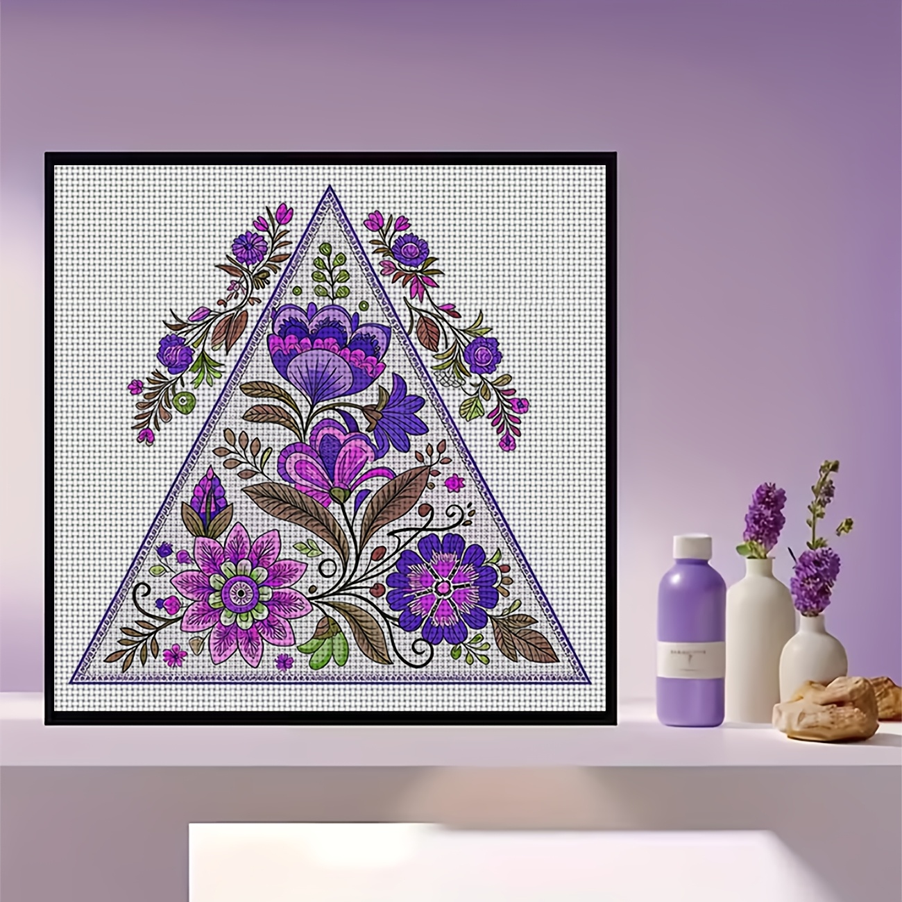 Cross Stitch Printed Kit, Triangular Purple Flower Decorative Pattern