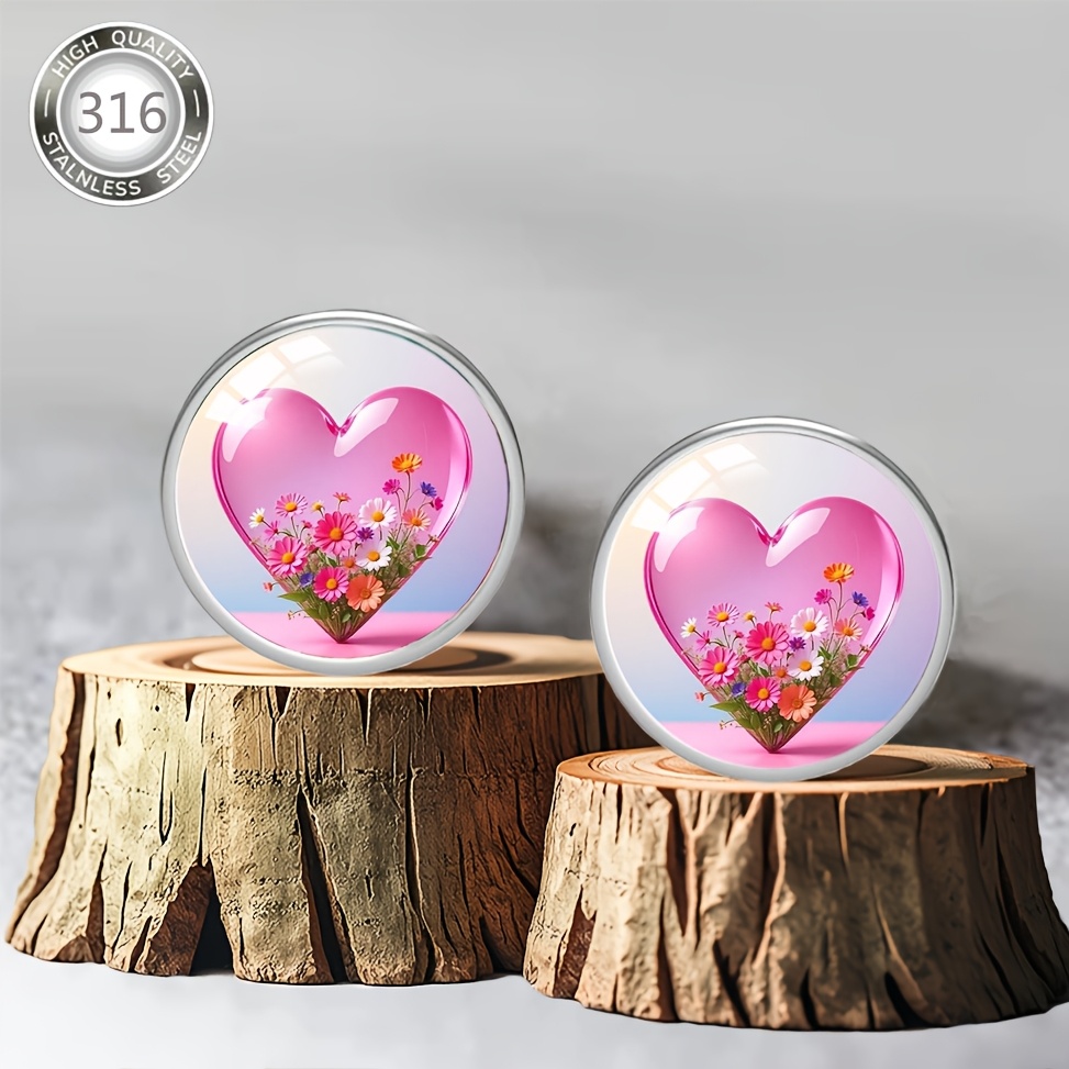 Pink Heart-Shaped Earrings with Daisy Pattern for Women