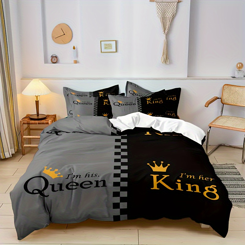 3pcs valentines day duvet cover set king queen   in black gray soft breathable polyester   1 duvet cover and 1 2 pillowcases zip closure machine washable for     couples bedding set   text bedding soft polyester fabric bedding duvet cover set Product details 3