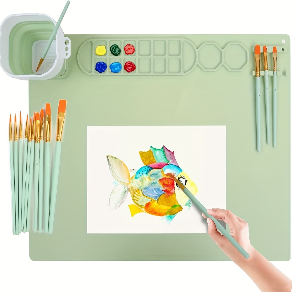 

1 Set Of Silicone Painting Pads - 20"x16" Silicone Art Pads, With 1 Pen Washer And Ten Brushes - Silicone Craft Pads Have 14 Color Blocks - 2 Color Blocks (pink/blue/green)