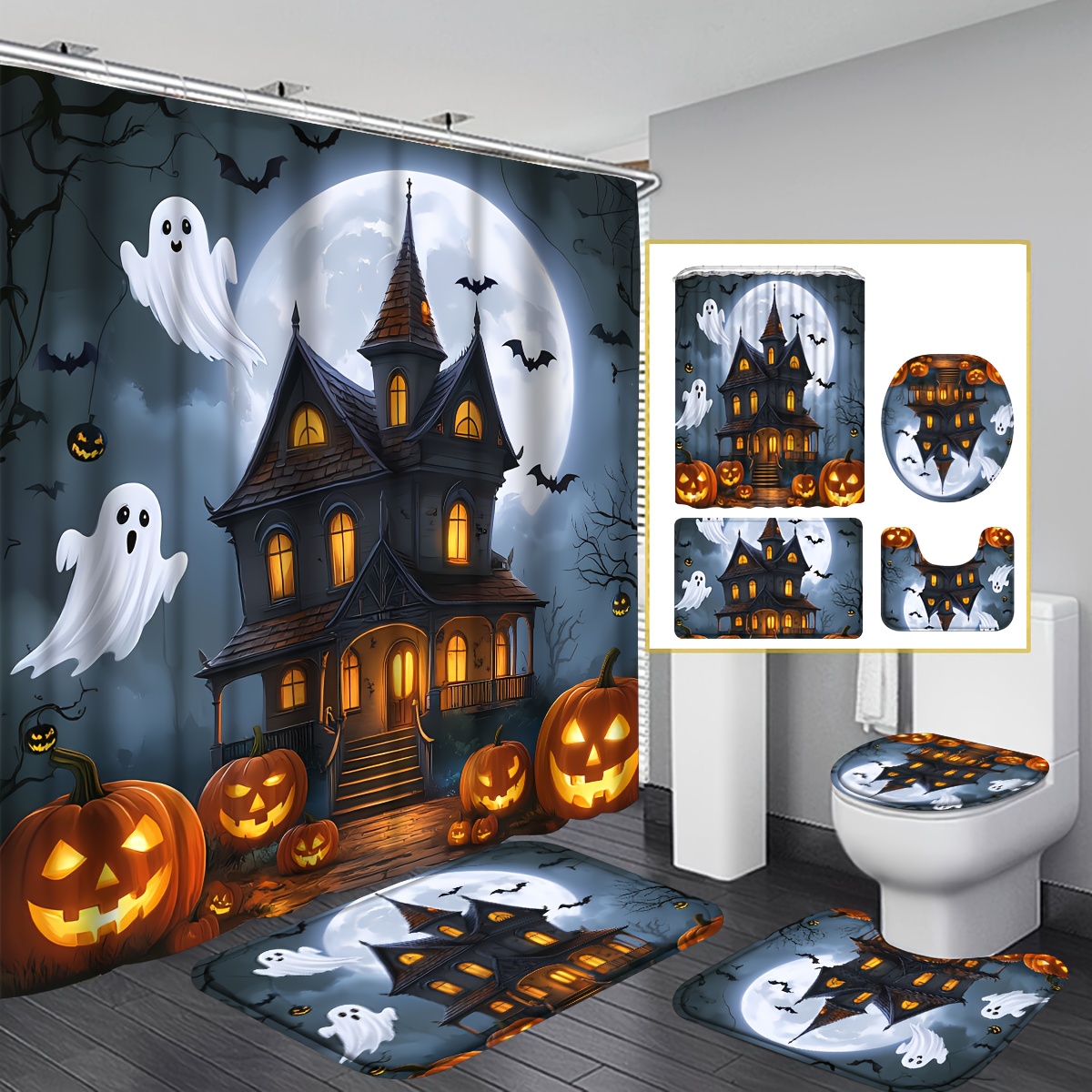 TEMU 2d Flat, 2d Flat, 4pcs 2d Flat Halloween House Pumpkin And Shower Curtain Set, Halloween Decor Bathroom Curtain Set With 12 Hooks Included