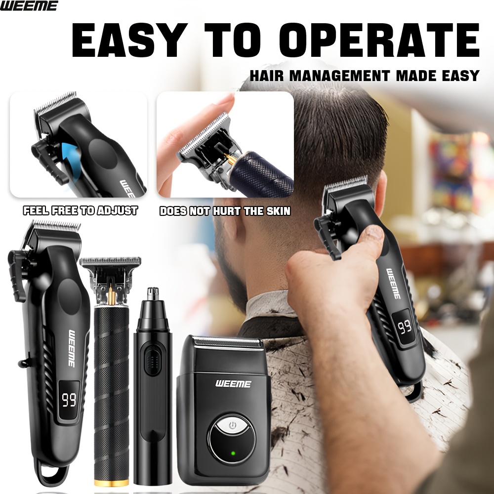 WEEME 4pcs Men's facial grooming set, household electric hair clipper set USB fast-charging electric hair clipper + T-trimmer + razor + nose hair clipper Haircutting