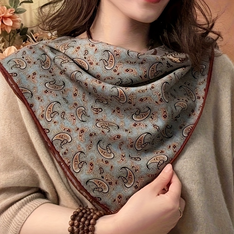 Elegant Dual-sided Wool Scarf - Soft & Stylish Paisley Pattern Shawl, Light Blue With Brown, Beige & Black Accents, Versatile Square Scarf For Spring & Fall