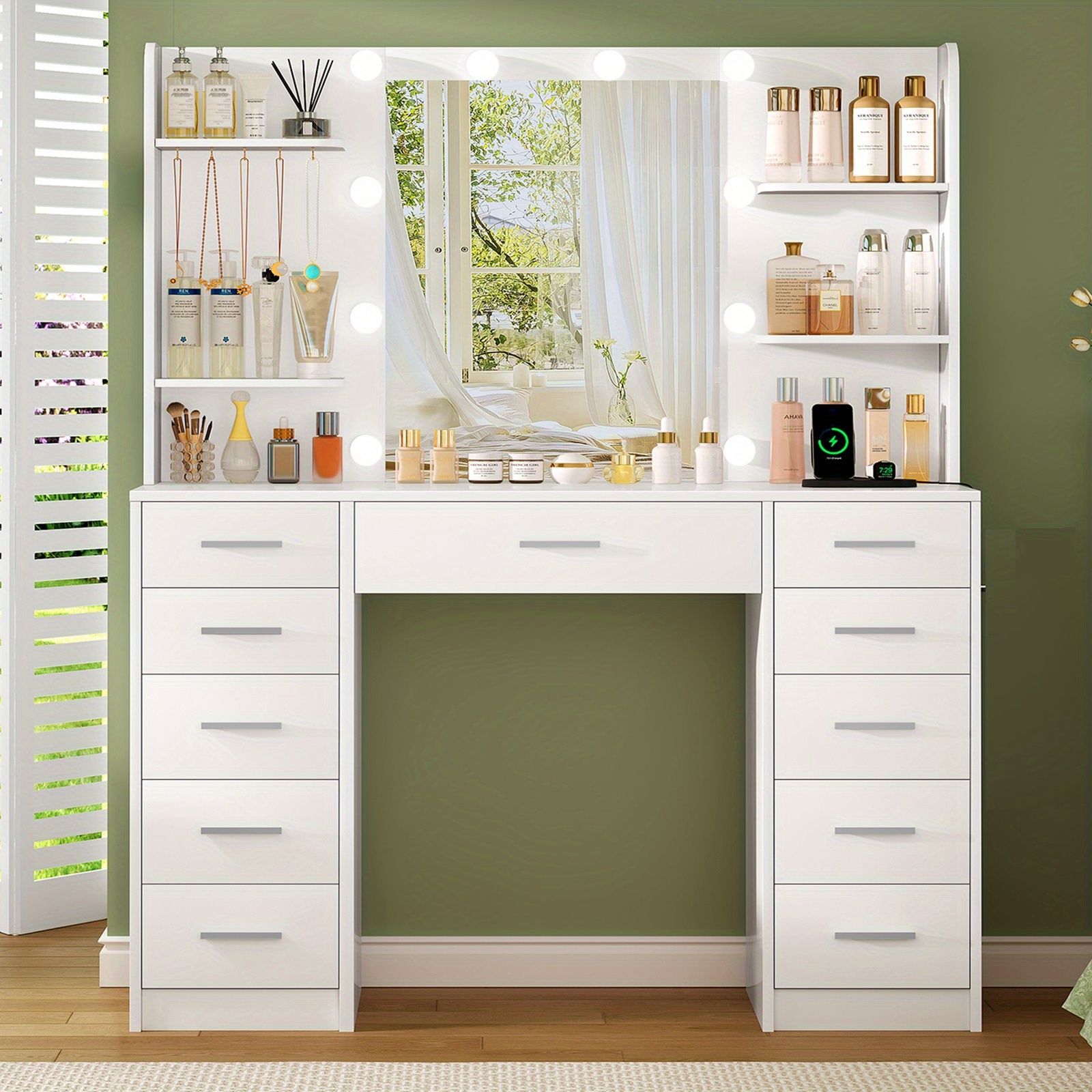 Vanity Desk With Mirror, Led Lights And Power Outlet, Makeup Vanity Table With 11 Drawers And 4 Storage Shelves, Dressing Table For Bedroom, Dressing Room