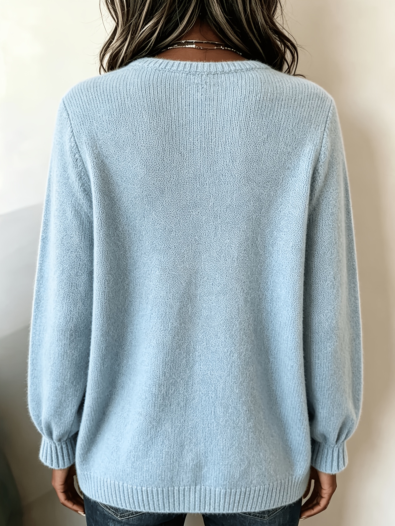 plus size womens elegant casual cute   middle eastern style spring autumn solid color round neck v neck button decorated bell sleeve long sleeve sweater pullover soft warm   sweater sky blue 1