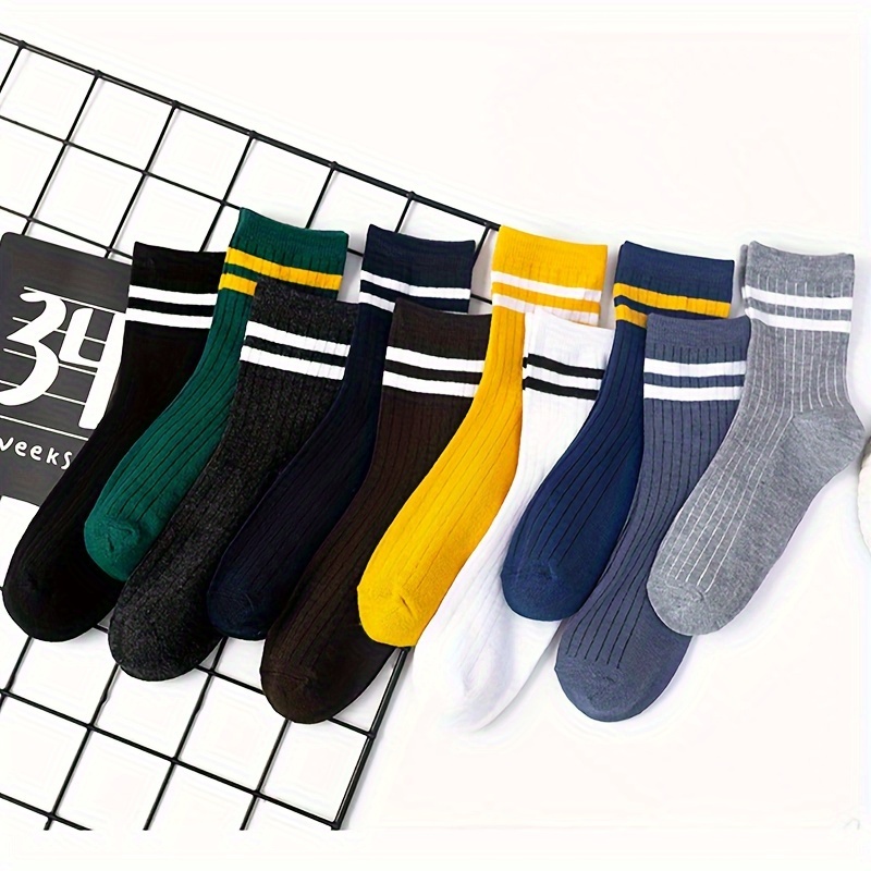 

10 Pairs Of Men's Trendy Double Stripe Crew Socks, Cotton Anti Odor & Sweat Absorption Breathable Socks, For All Seasons Wearing