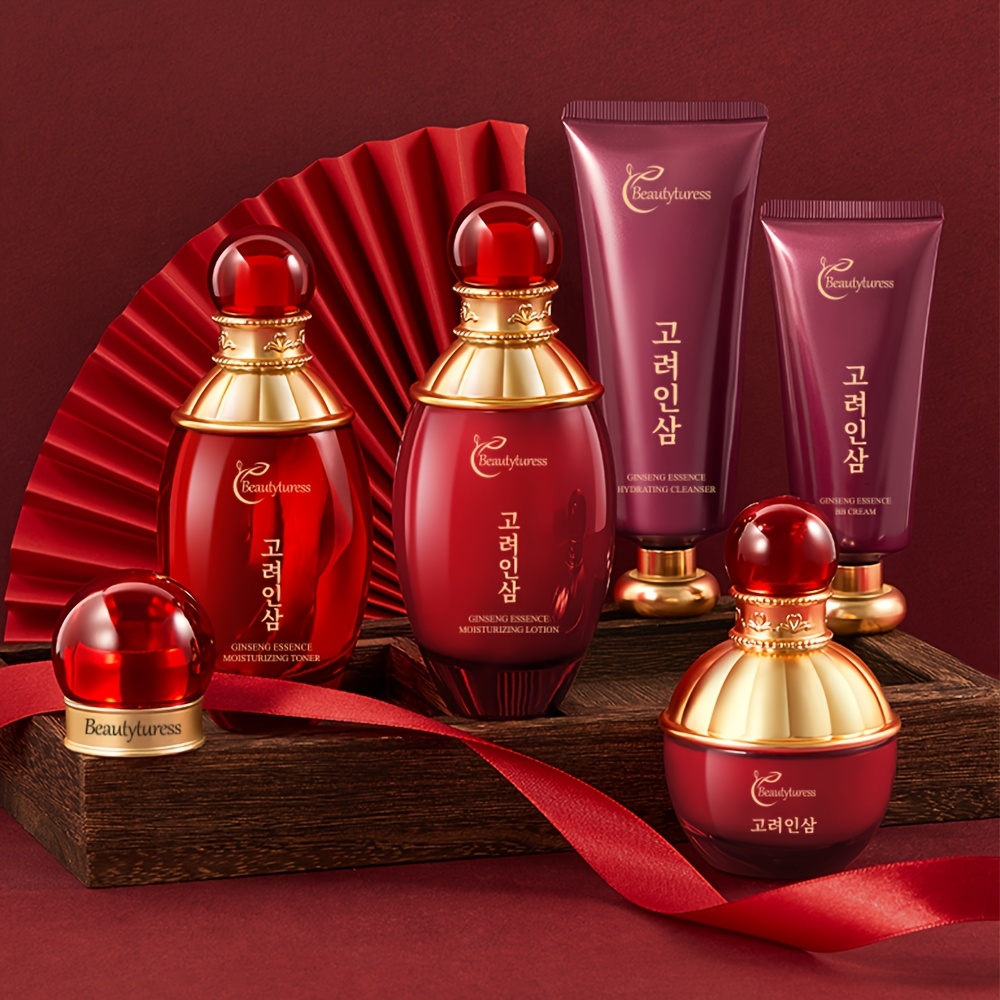 Colecție de îngrijire a pielii cu esență de ginseng coreean - Conține extracte vegetale, oferă hidratare profundă, întărește pielea, are o formulă ușoară și non-grasă, nu se aglomerează, prezentată într-o cutie cadou festivă