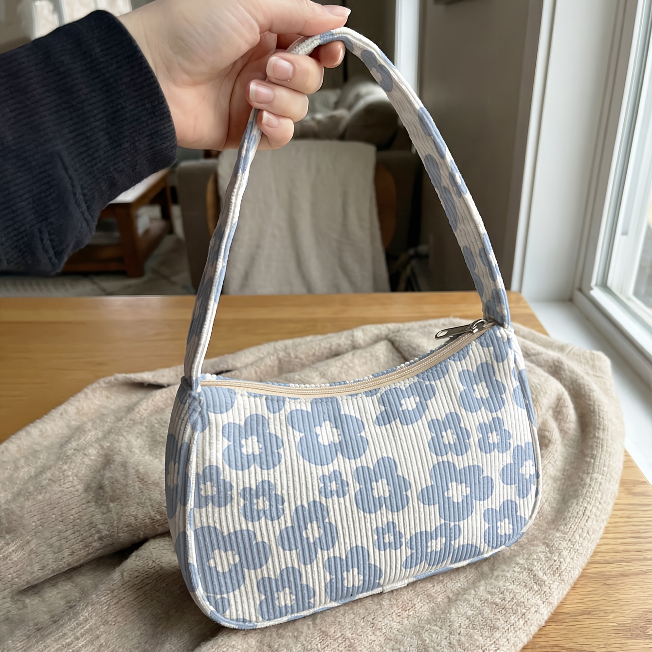 TEMU Small 2d Printed Handbag With Blue Floral Pattern, Classic Corduroy Underarm Bag | Perfect For Carrying Lipstick/cosmetics/wallet/keys | A