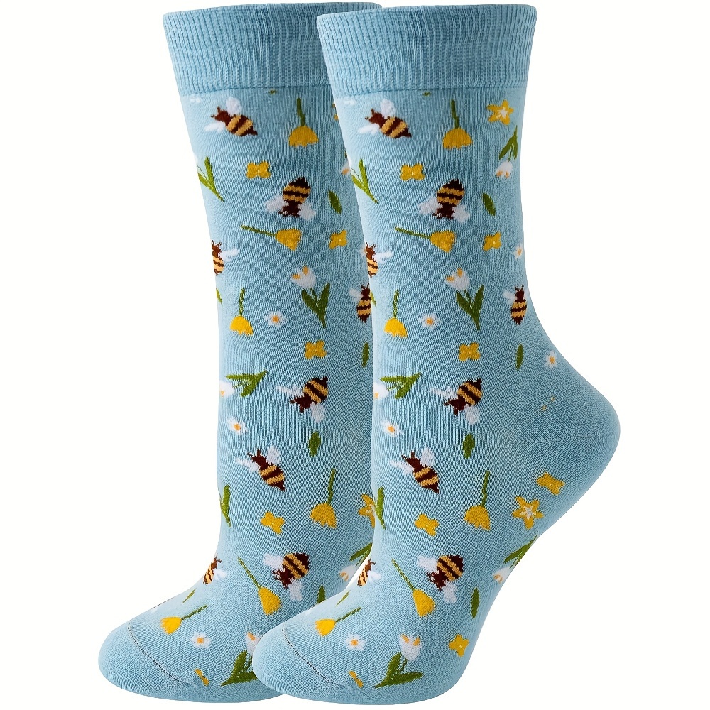 

1 Pair Cute Bee & Floral Print Socks, Comfy & Breathable Mid Tube Socks, Women's Stockings & Hosiery