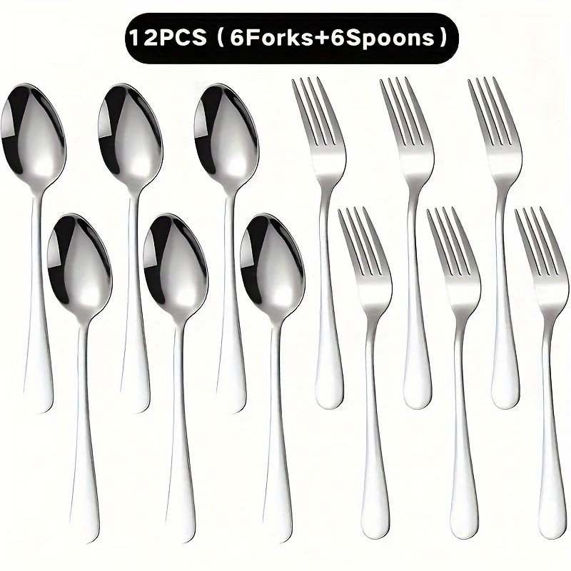 Image of 6pcs/12pcs Silvery Stainless Steel Fork And Spoon, Heavy Duty Fork And Spoon Tableware Set, Salad Fork And Spoon, Suitable For Restaurants, Hotels, Parties, Christmas, Thanksgiving, Picnic Parties