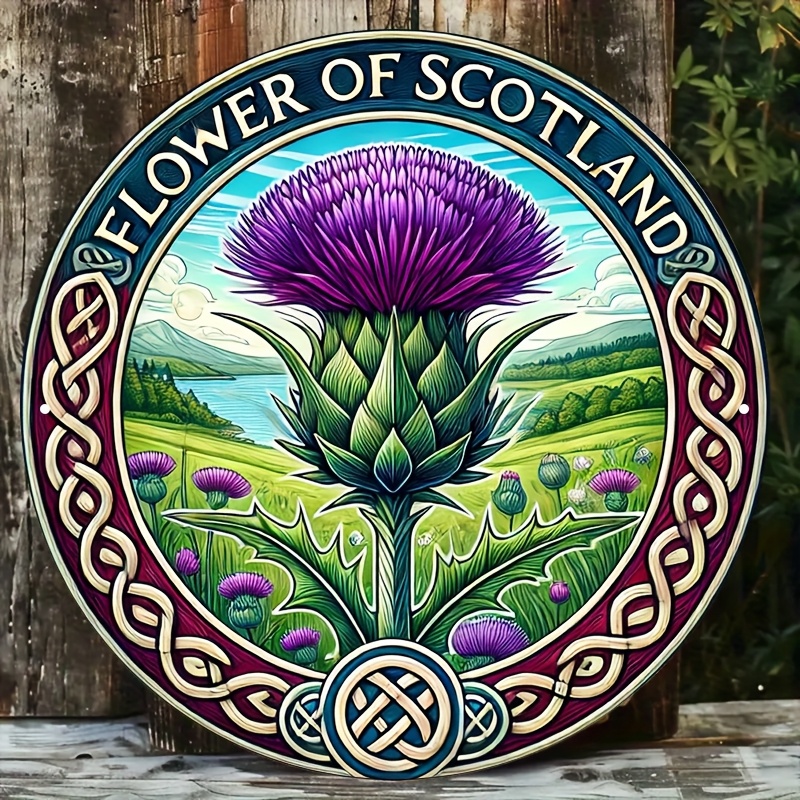 TEMU 2d Flat, 1pc Scottish Thistle Aluminum Wall Art - 20.32x20.32cm Round Celtic With Floral Decor, Vintage 2d Flat Sign For Home, Bar, Cafe, Office