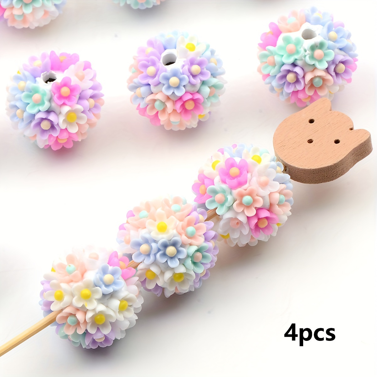 Image of 4pcs Random Colors Beautiful Flower Balls Round Beads For Jewelry Making Pen Bag Chain Beaded Decors Additions
