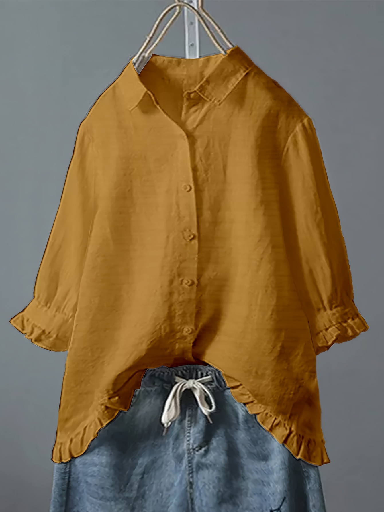 women's mustard yellow ruffle trim button shirt 3/4 sleeve Temu