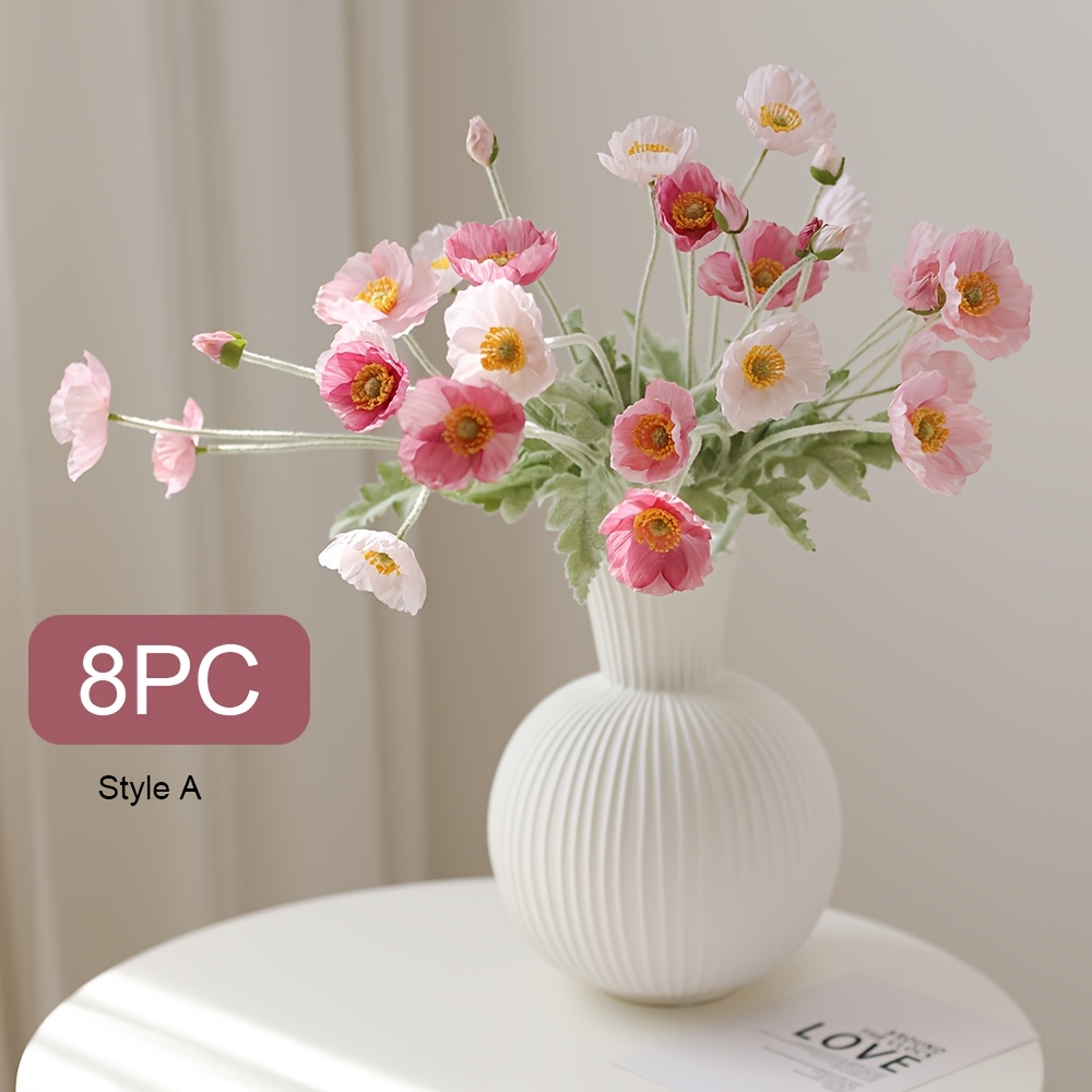 8pcs Poppy Simulation Flower Artificial Fake Flower, Flocking Effect Realistic Fake Flower Arrangement, Lifelike, Suitable For Room Kitchen Decoration