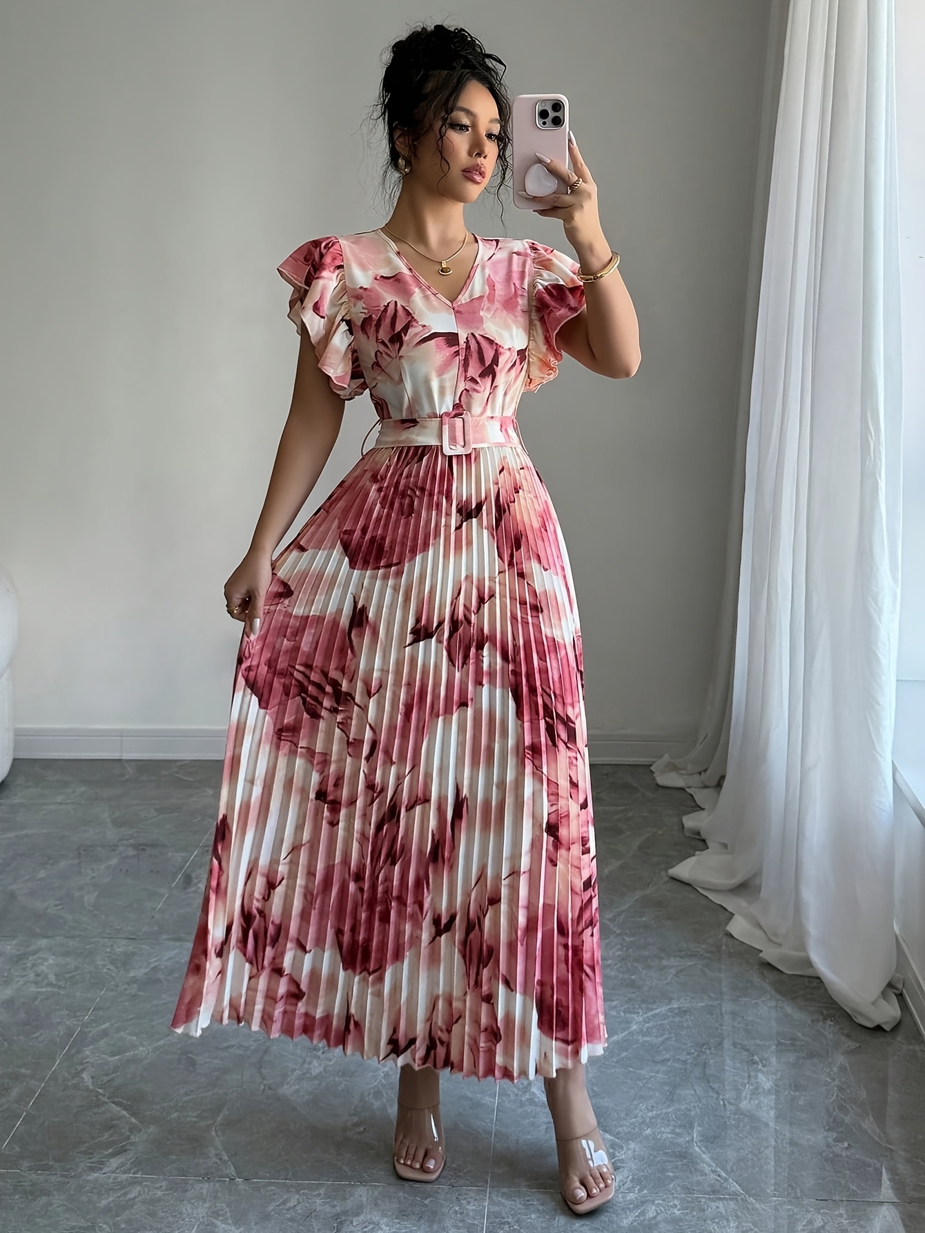 womens elegant tie dye floral print long dress with ruffle hem pleated design and belt detail   casual daily wear or vacation Product details 1