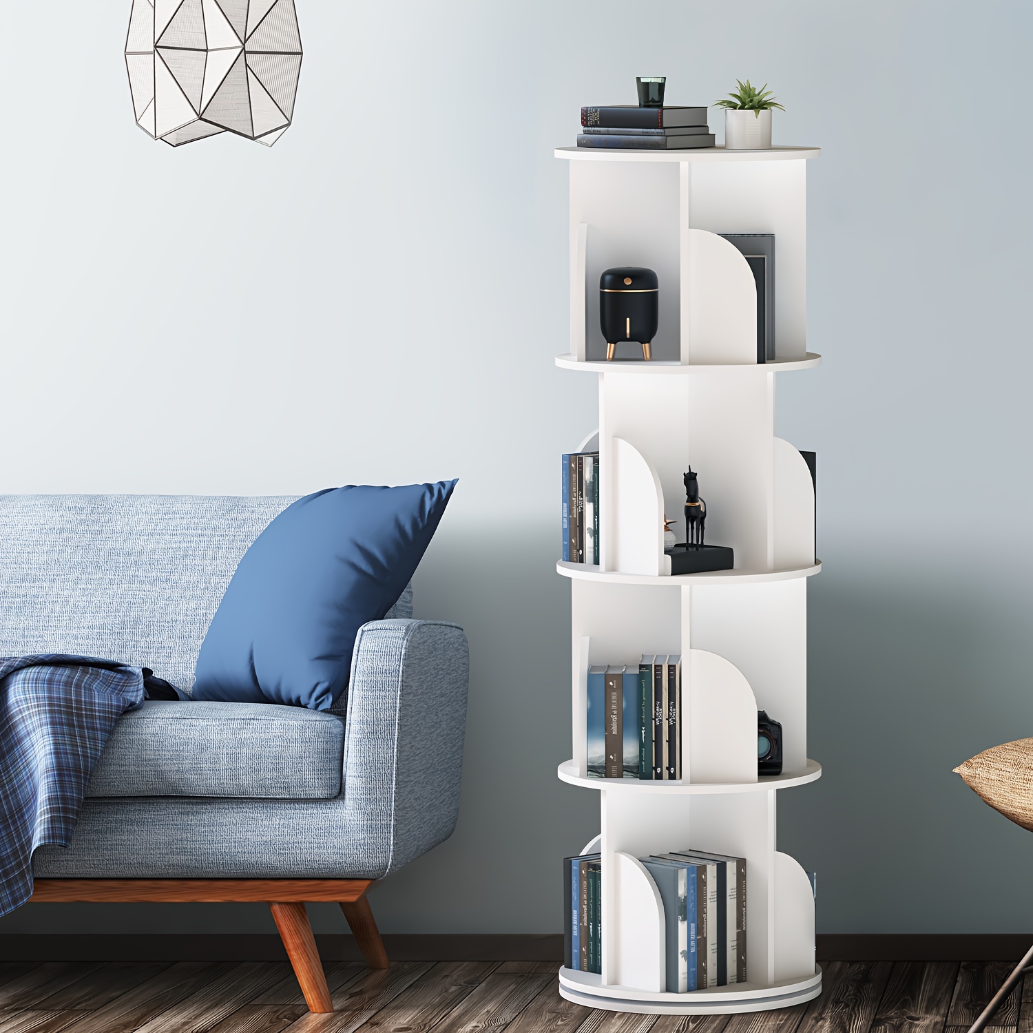 5 Tier Rotating Bookshelf, 360 Display Spinning Bookcase, Swivel Free Standing Book Shelf, Round Revolving Corner Shelf For Living Room Home Office Bedroom, White